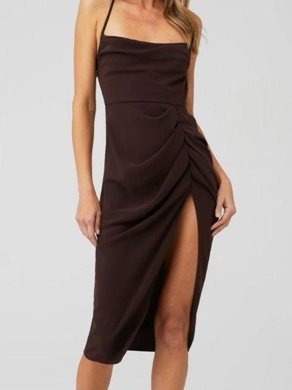 Jasalina Dress AMANDA UPRICHARD Brown Open Back Slit Large Cocktail Strapppy